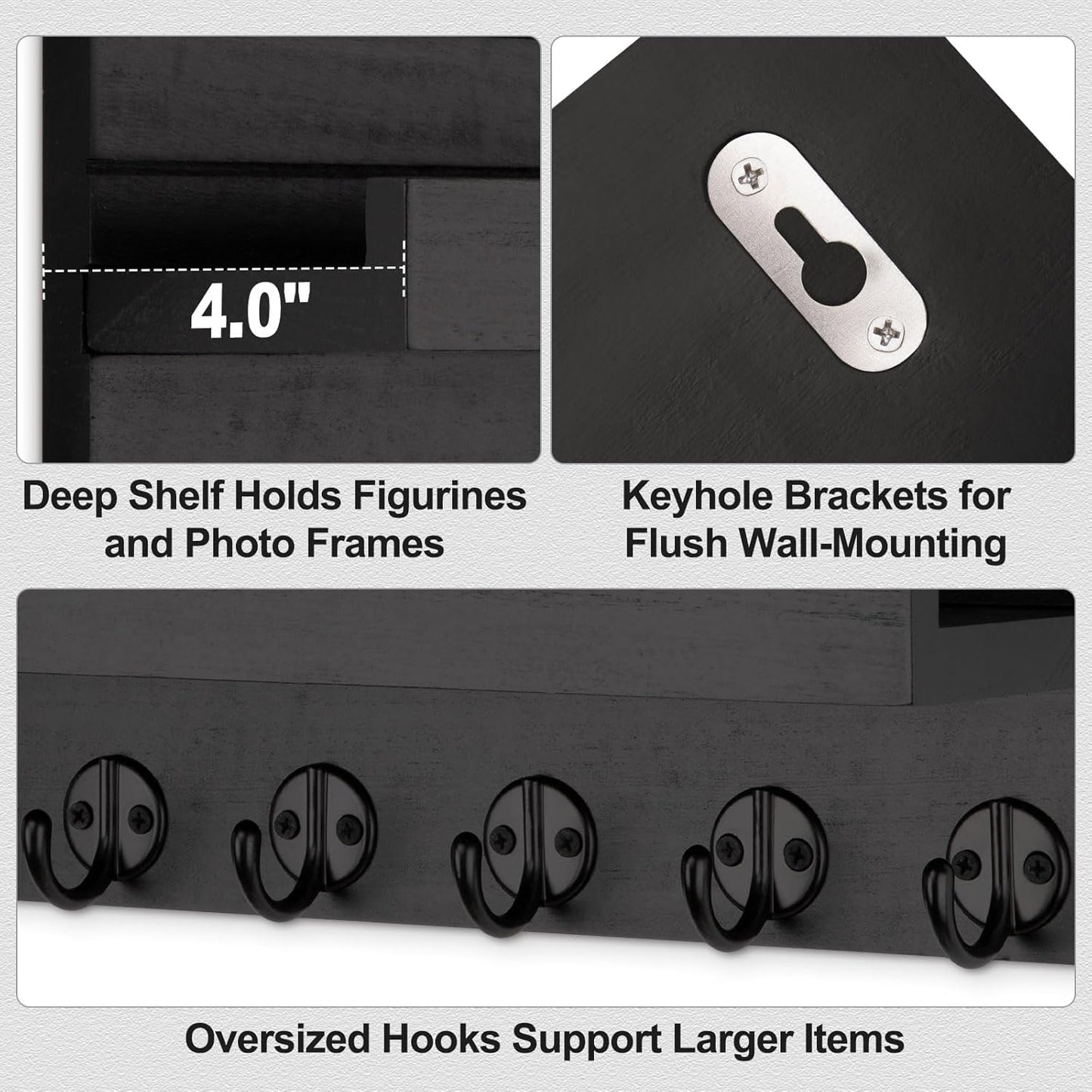 Key Holder Wall Mount, Entryway Key and Mail Holder with 7 Sturdy Hooks for Sunglasses, Dog Leash, Decorative Wall Shelf with Mounting Hardware, 15”W x 6.7”H x 4.2”D