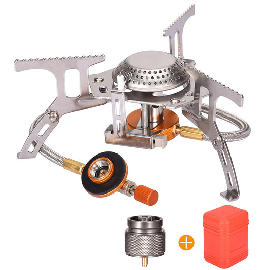 Portable Camping Gas Stove with 1LB Propane Tank Adapter, Foldable Camp Stove Backpacking Stove with Piezo Ignition for Outdoor Hiking Cooking Burner