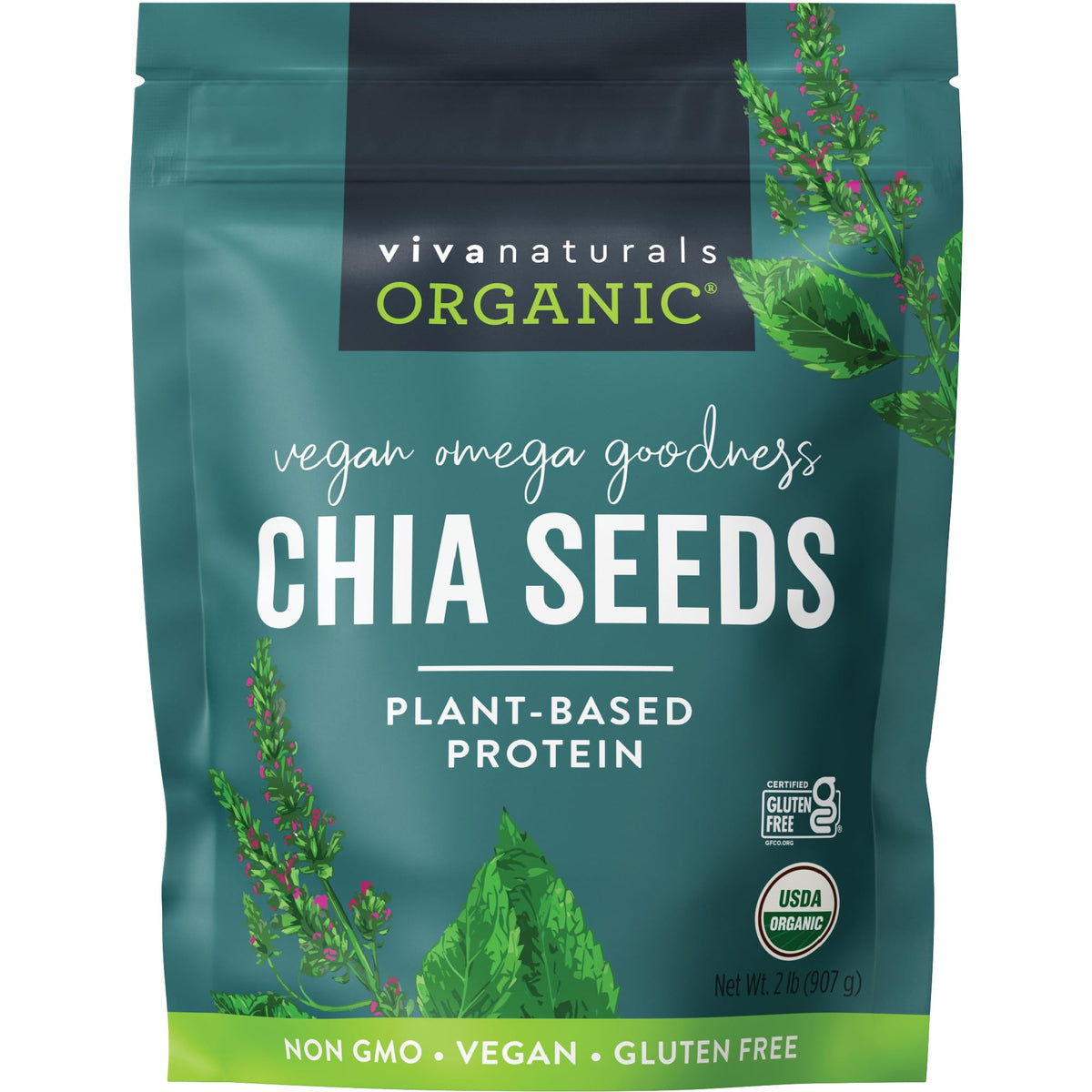 Viva Naturals Organic Chia Seeds, 2 lb, 32 Oz – Plant-Based Omega-3 and Vegan Protein, Gluten Free & Non-GMO, Perfect for Smoothies, Salads & Chia Pudding