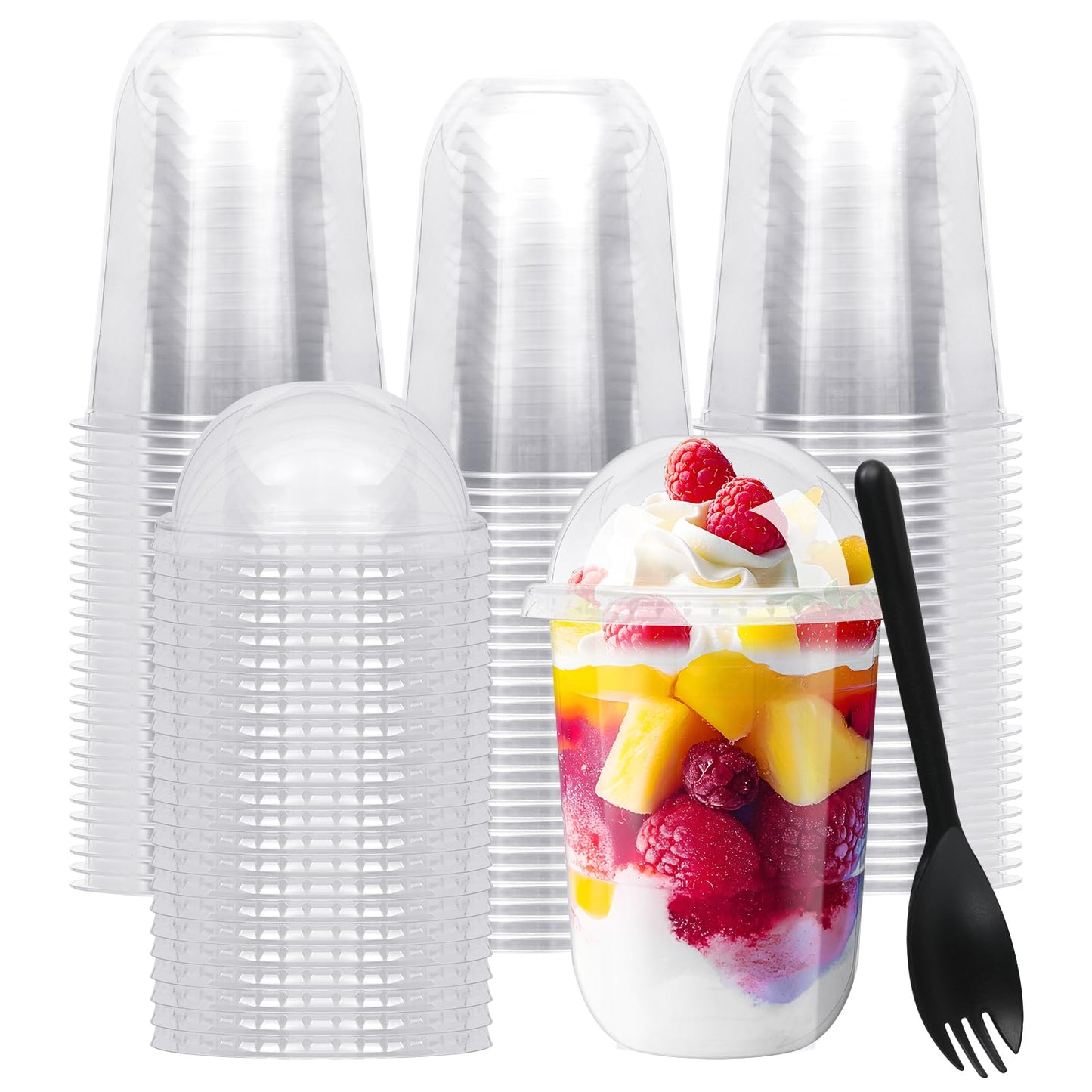 Kosotody 50 Pack 16oz Clear Plastic Parfait Cups with Dome Lids (No Hole) and Sporks Disposable Fruit Cups for Dessert,Yogurt,Pudding,Snacks,Fruits,Bakeries,Ice Cream