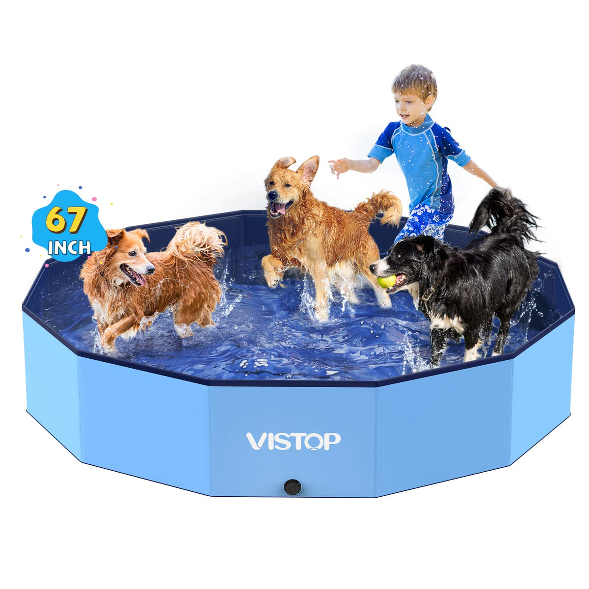 VISTOP Extra Large Foldable Dog Pool XXL, Hard Plastic Shell Portable Swimming Pool for Dogs Cats and Kids Pet Puppy Bathing Tub Collapsible Kiddie Pool (67inch.D x 11.8inch.H, Blue)
