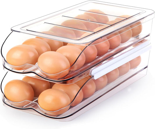 Egg Holder for Fridge, Automatic Rolling Egg Container for Refrigerator, Stackable Fridge Organizers and Storage with Lid