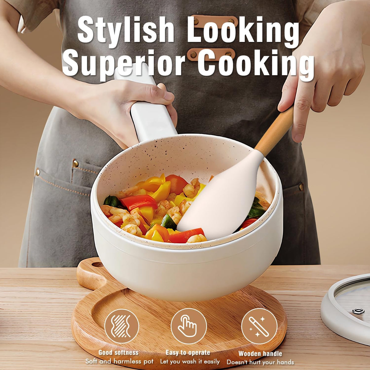 Silicone Cooking Utensils Set - AVGPD Silicone Kitchen Utensils for Cooking Wooden Handles, 446°F Heat Resistant Kitchen Utensil Spatula Sets w Holder, Gadgets for Non-Stick Cookware BPA FREE (Khaki)