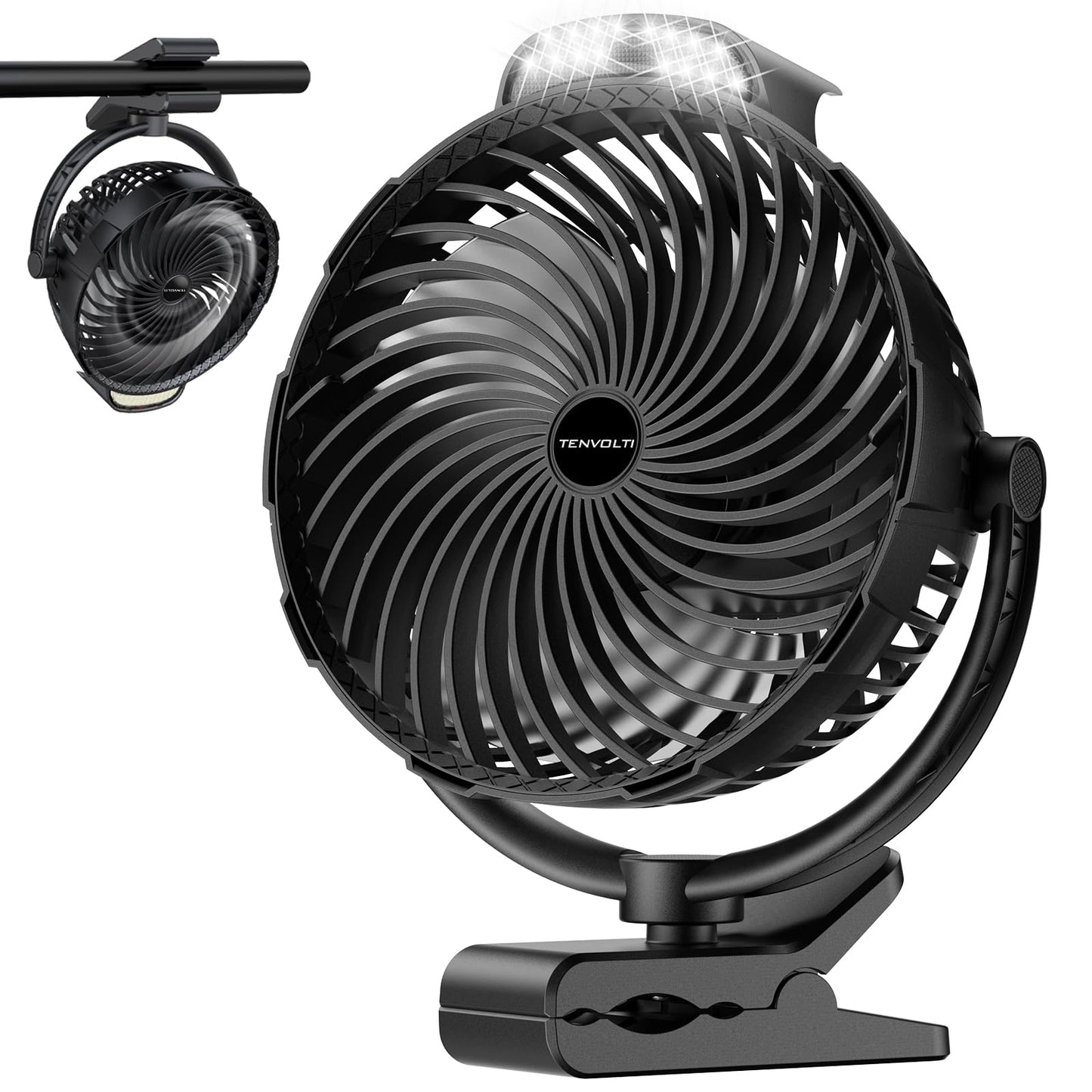 10000mAh Clip on Fan, 8-Inch Golf Cart Fan Rechargeable with LED Light, 9 Speeds Strong Airflow, Ultra Quiet, 30Hrs Runtime, 360° Rotation, Cooling for Bed Camping Office Desk Dorm, Black