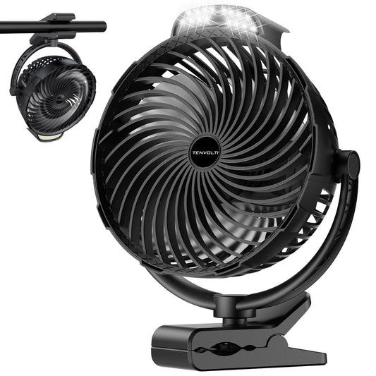 10000mAh Clip on Fan, 8-Inch Golf Cart Fan Rechargeable with LED Light, 9 Speeds Strong Airflow, Ultra Quiet, 30Hrs Runtime, 360° Rotation, Cooling for Bed Camping Office Desk Dorm, Black