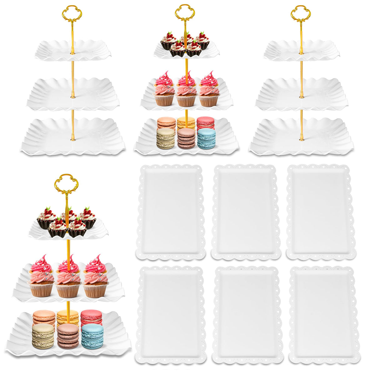 10 Pack Dessert Table Display Set - 4 x Three-Tier Square Cupcake Stands and 6 x Serving Trays, Elegant Tableware for Cakes, Cupcakes, Pastries, and Snacks, Perfect for Parties (White)