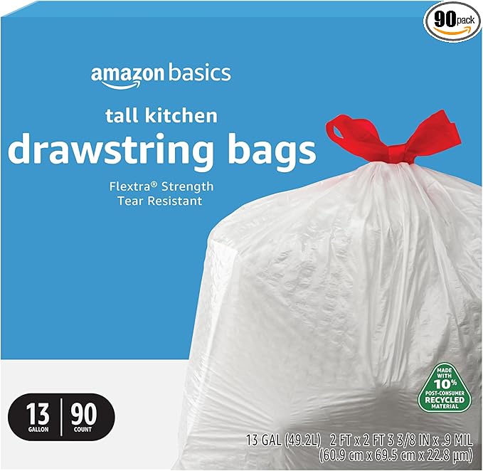 Basics 13 Gallon Tall Kitchen Drawstring Trash Bags, Flextra Strength, Tear Resistant, 10% Post Consumer Recycled, 90 Count, White