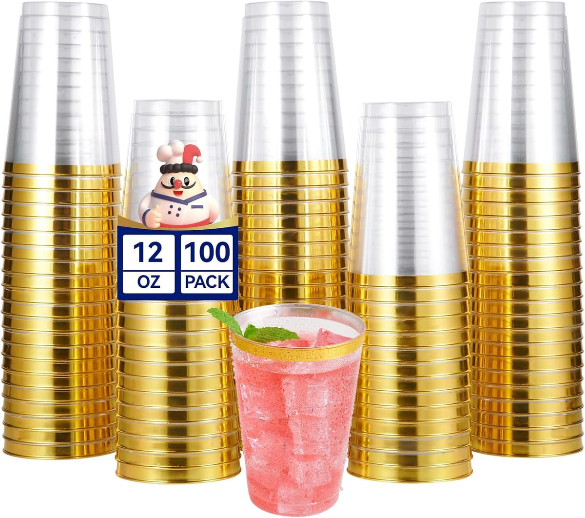 JOLLY CHEF 100 Pack Gold Plastic Disposable Cups, 12 oz Clear Plastic Cups Tumblers, Elegant Gold Rimmed Disposable Glasses for Wedding, Thanksgiving Day, Christmas