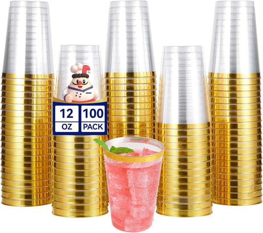JOLLY CHEF 100 Pack Gold Plastic Disposable Cups, 12 oz Clear Plastic Cups Tumblers, Elegant Gold Rimmed Disposable Glasses for Wedding, Thanksgiving Day, Christmas
