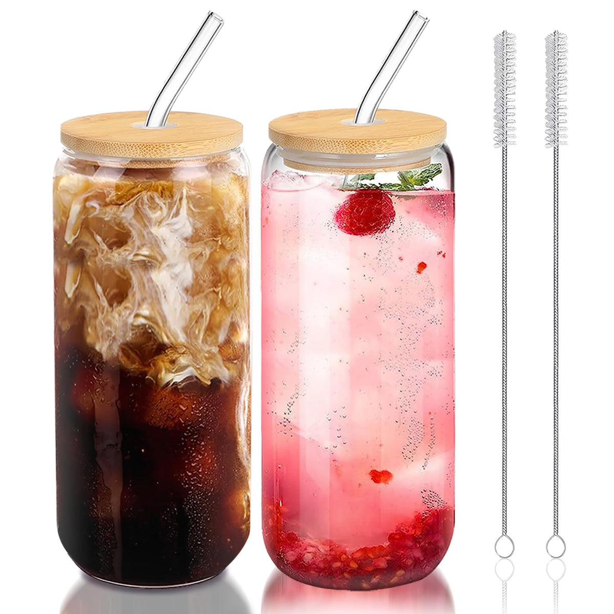 Glass Cups with Lids and Straws Set of 2 - Iced Coffee Cups with Lids for Cold Brew and Beer, 20 oz Can Shaped Glass with Bamboo Lids and Straws - Aesthetic Coffee Bar Gift for Coffee Lovers