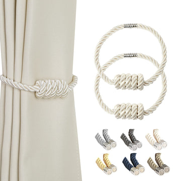 BEL AVENIR Magnetic Curtain Tiebacks, Decorative Drapery Holdbacks Modern Woven Tie-Backs with Exquisite Knot (Beige, 2 Pack)