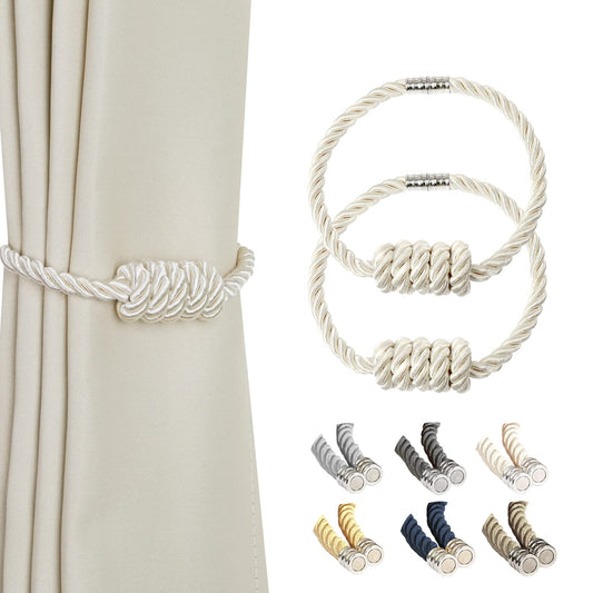 BEL AVENIR Magnetic Curtain Tiebacks, Decorative Drapery Holdbacks Modern Woven Tie-Backs with Exquisite Knot (Beige, 2 Pack)