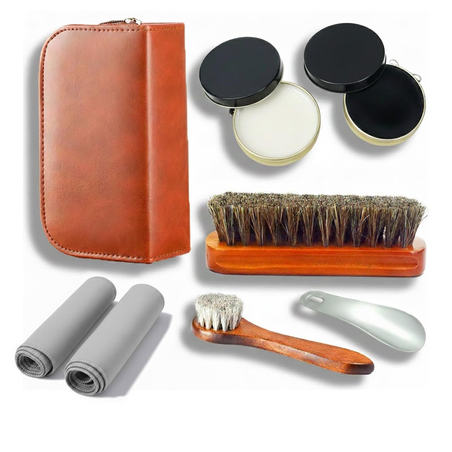 shoe care kit horsehair brush,long-handled round brush,white & black polish,polishing cloth,shoe horn,storage box.