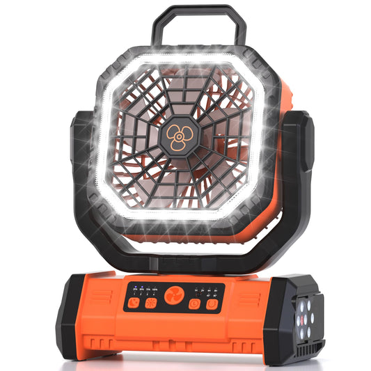 Honesorn Portable Rechargeable Fan 20000mAh, Camping Fan with LED Light & Remote, USB C Cordless Battery Powered, 4 Speeds Timer Hanging Hook for Travel Tent Outdoor Essentials - Orange