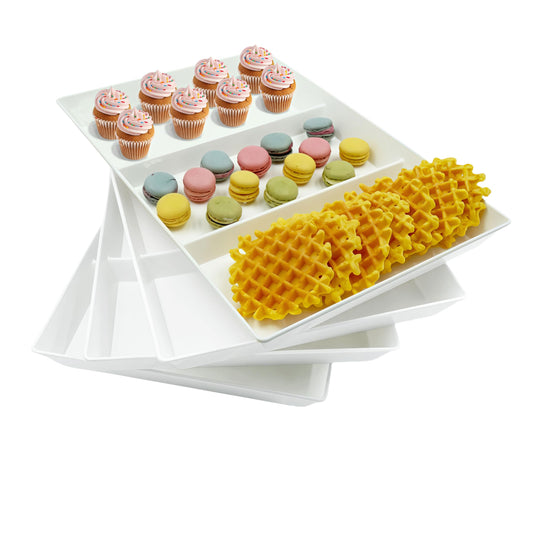 Divided Serving Tray Platter, 4 Pack 15" x 10" Fruit Veggie Food Tray for Party, Plastic Serving Trays for Appetizer, Snack, Dessert, Cookie, Brunch Decorations Platters, White Trays BPA-Free