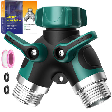 2 Way Garden Hose Splitter with Shut Off Valve, Water Spigot Splitter for 3/4" Hose Connector