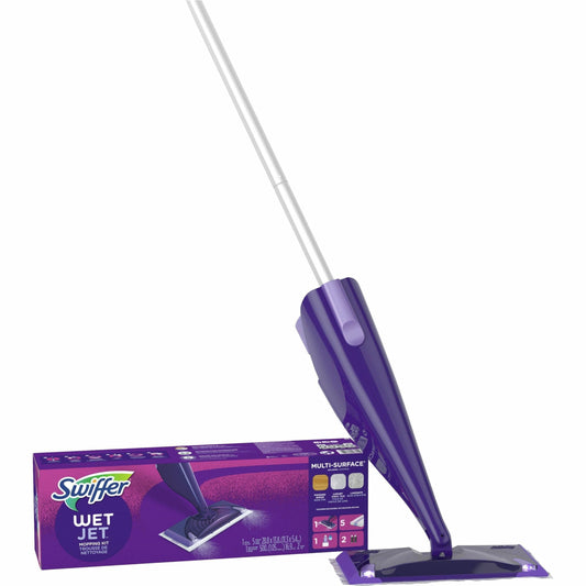 Swiffer Wet Jet Mop, Floor Cleaner for Mopping Wood, Laminate, Tile in Home, Bathroom, Kitchen, All Purpose Multi-Surface Cleaning Set includes 1 Spray Mop, 5 Pads Refill, 1 Fresh Scent Solution