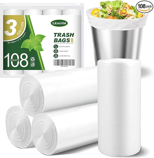 Small Trash Bags 3 Gallon, 108 Count Garbage Bags Bathroom Mini Trash Can Liners, fit 10-13 Liter Clear