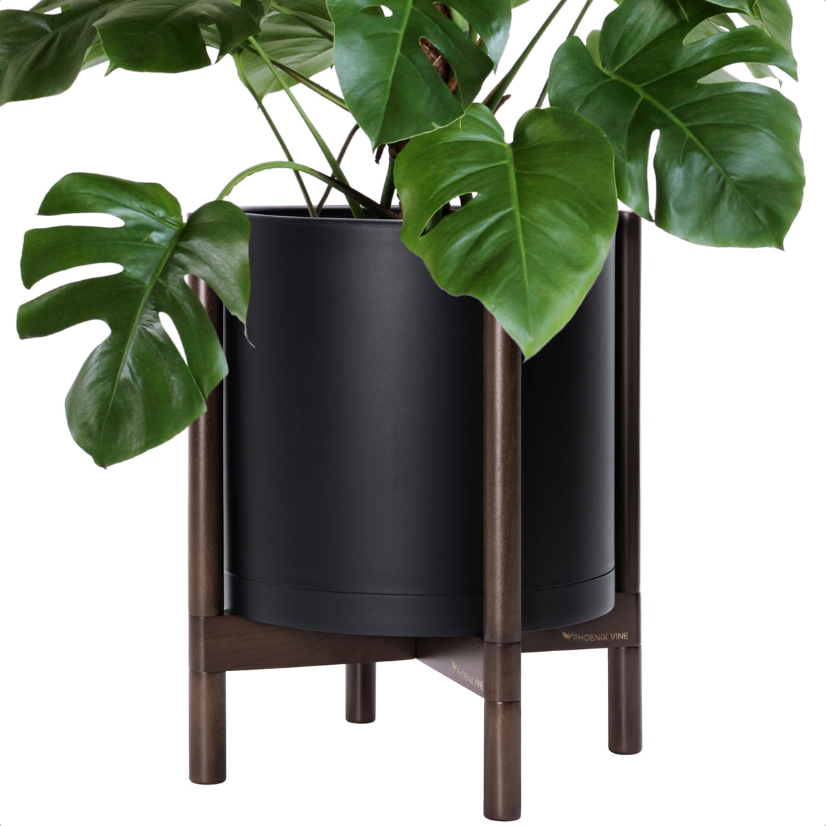 D'vine Dev Planter Pot with Stand - 14 Inch Plastic Cylinder Flower Pot with Wood Planter Holder for Indoor, Matte Black Pot + Walnut Color Stand