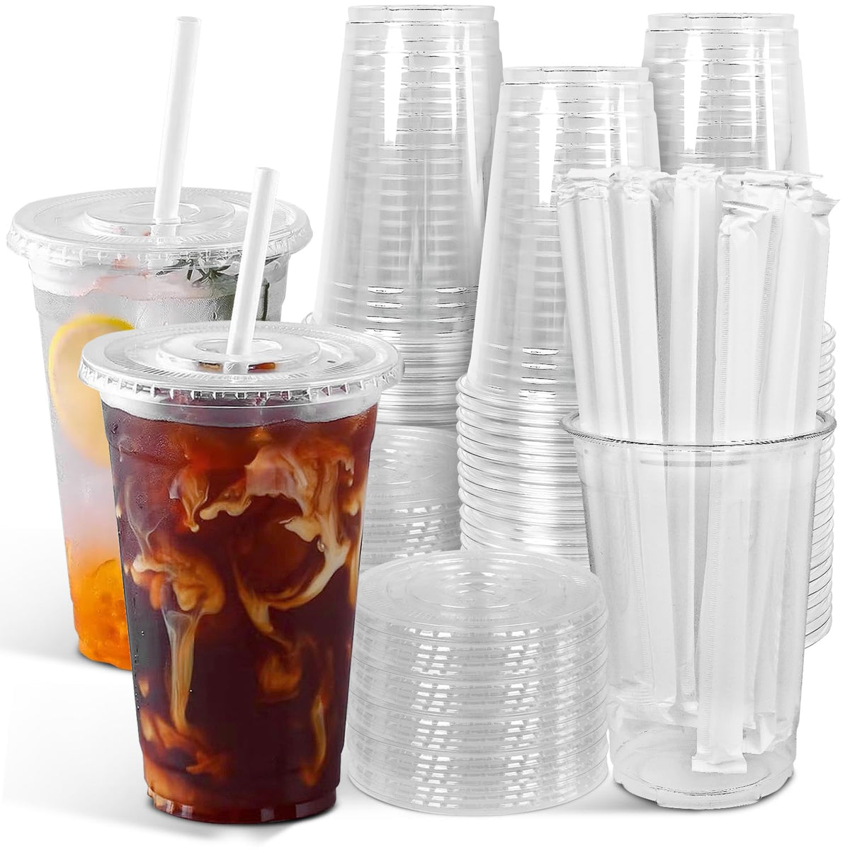 Ginkgo 100-Pack 20oz Clear Plastic Iced Coffee Cups with Lids and Straws, Leak-Proof & Sturdy Disposable To Go Cups for Smoothies, Milkshake, Cold Beverages, Coffee Bar Accessories