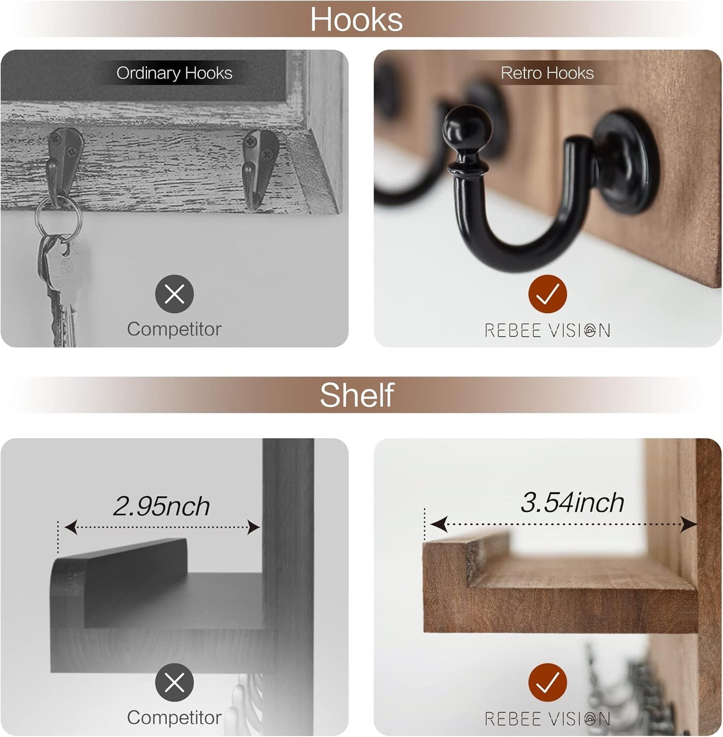 Rebee Vision Decorative Key Holder Wall Mount - Rustic Key Holder for Wall with Shelf and Mail Organizer for Living Room Decor - Home Essentials for Home Improvement (Brown, 3.54" x 10" x 7.28")