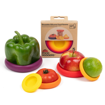 Food Huggers 5pc Reusable Silicone Food Savers| BPA Free & Dishwasher Safe| Fruit & Vegetable Produce Storage for Onion, Tomato, Lemon, Banana