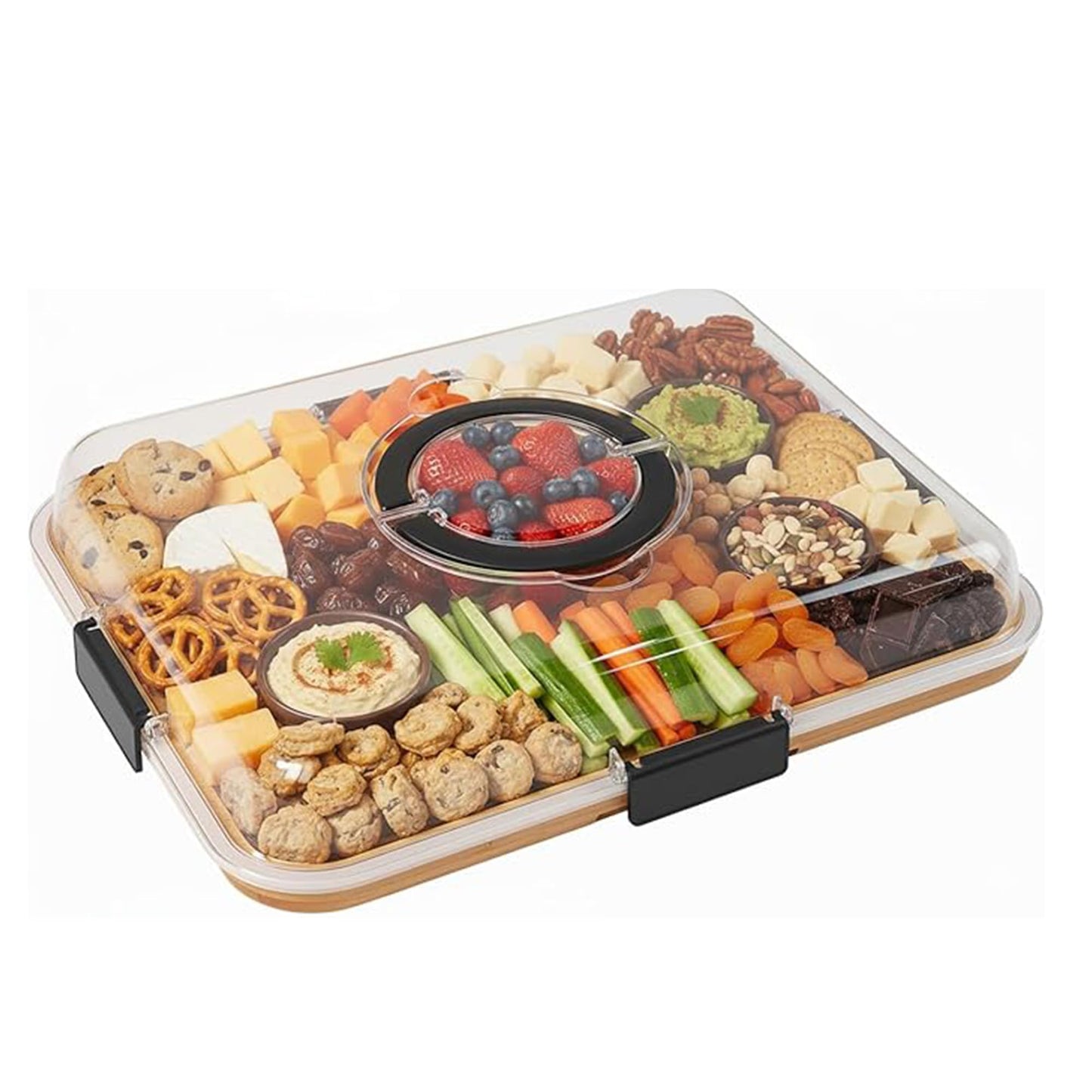 Bamboo Charcuterie Board with Clear Lid, Portable Serving Tray with Handles and Compartments, Cheese Board & Snack Platter for Parties, Travel & Entertaining.