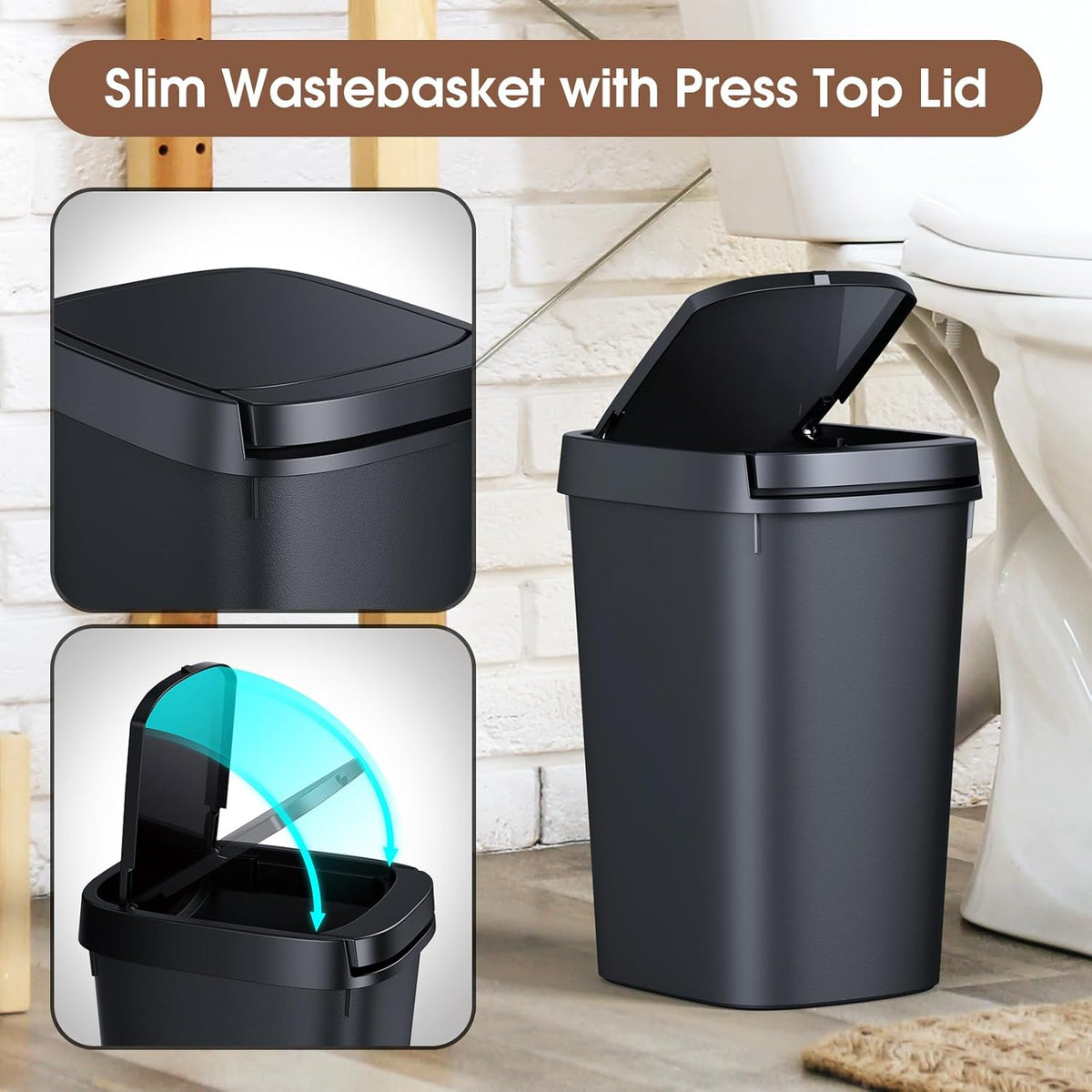 CEROELDA 3 Pack Bathroom Trash Can with Lid, 10L/2.6 Gal Small Garbage Can with Press Top Lid, Slim Plastic Waste Basket for Toilet, Office, Bedroom (Muti 1)
