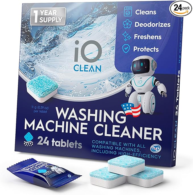 iO CLEAN Washing Machine Cleaner Descaler Tablets, 24 Count (1 Year Supply) – Deep Clean Washer Cleaner Tablets for HE Front Load & Top Load – Unscented Washing Machine Descaler for Odor Control