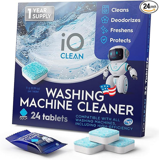 iO CLEAN Washing Machine Cleaner Descaler Tablets, 24 Count (1 Year Supply) – Deep Clean Washer Cleaner Tablets for HE Front Load & Top Load – Unscented Washing Machine Descaler for Odor Control