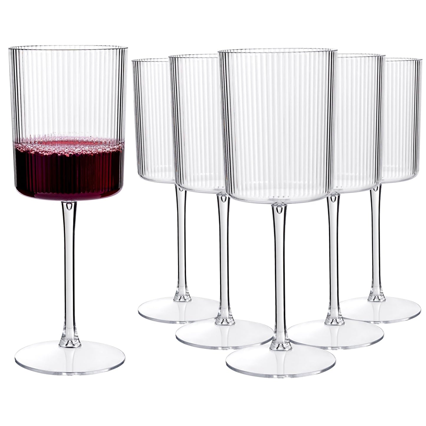 YOUBET 24 Pack Plastic Ribbed Wine Glasses - 10 OZ Clear Square Wine Glasses with Stem - Heavy Duty Vintage Disposable Champagne Cups for Wedding Parties
