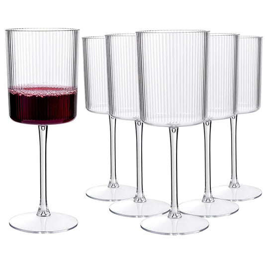 YOUBET 24 Pack Plastic Ribbed Wine Glasses - 10 OZ Clear Square Wine Glasses with Stem - Heavy Duty Vintage Disposable Champagne Cups for Wedding Parties