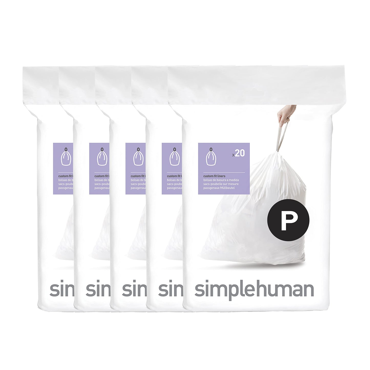 simplehuman Code P 100 Count Custom Fit Liners, Drawstring Kitchen Trash Bags, One-by-One Mess-Free Dispense, Extra Thick & Double Seamed, 50% PCR Plastic, 50-60 Liter / 13-16 Gallon, White