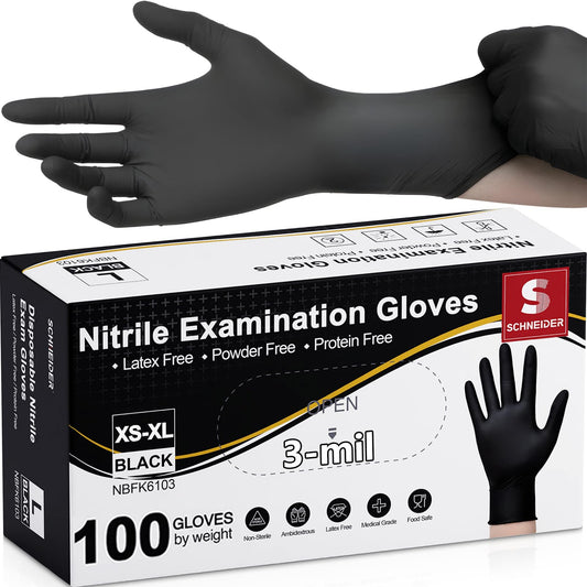 Schneider Nitrile Exam Gloves, Black Latex Free Powder Free Disposable Gloves for Medical, Cooking, Cleaning, and Food Prep