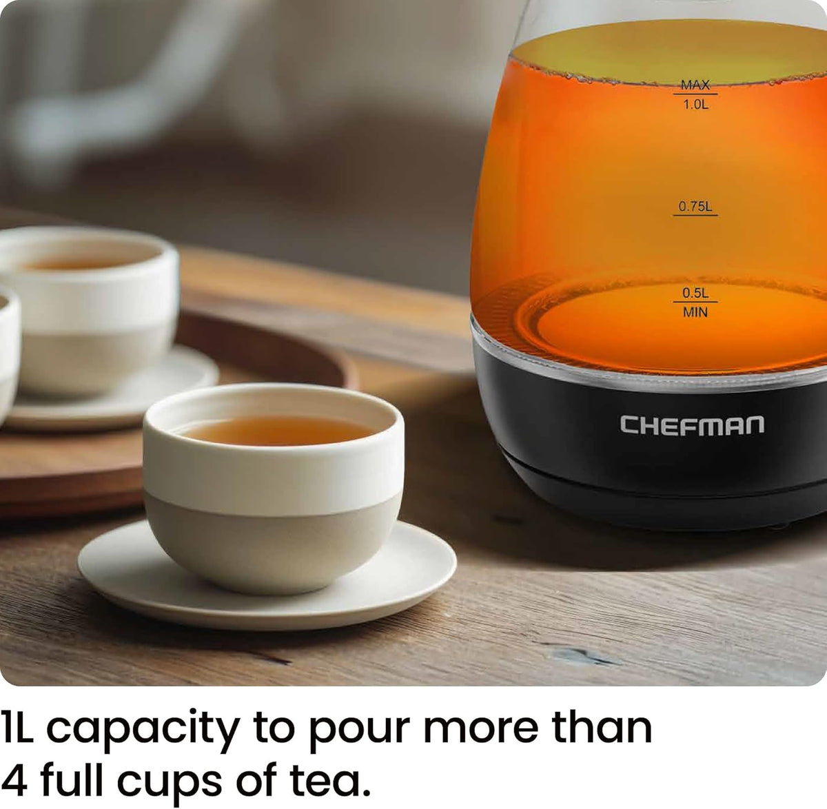 Chefman Electric Kettle with Tea Infuser, Compact 1L (4 Cups), 1500W, Removable Lid for Easy Cleaning, Boil-Dry Protection, Stainless Steel Filter