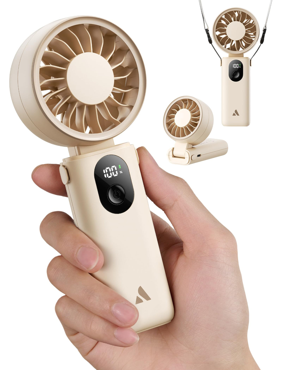 Aecooly Mighty Portable Handheld Fan | 20H Max Cooling Time | 3 Flexible Modes | 5 Speeds Wind | Battery Level Display | USB Rechargeable Mini Personal Battery Powered, Gifts for Women, Travel -Beige