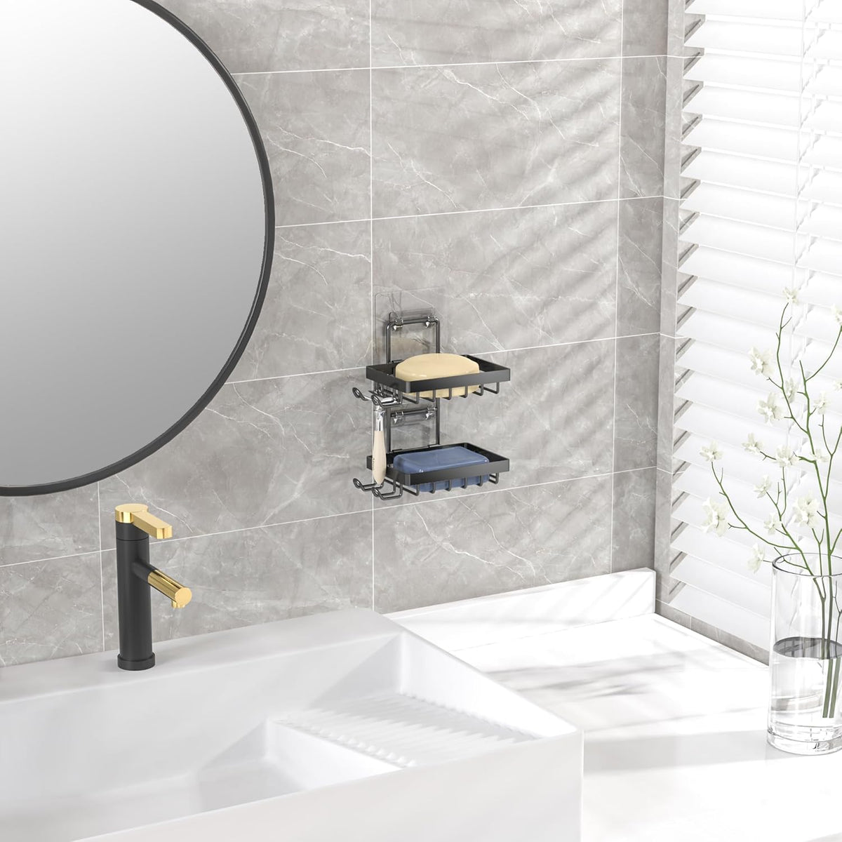 Moforoco Double Soap Bar Holder for Shower, No Drilling, 304 Stainless Steel, Wall Mounted Soap Holder with 4 Hooks and Razor Holder, Shower Rack Soap Tray Bar Soap for Bathroom Accessories Organizer