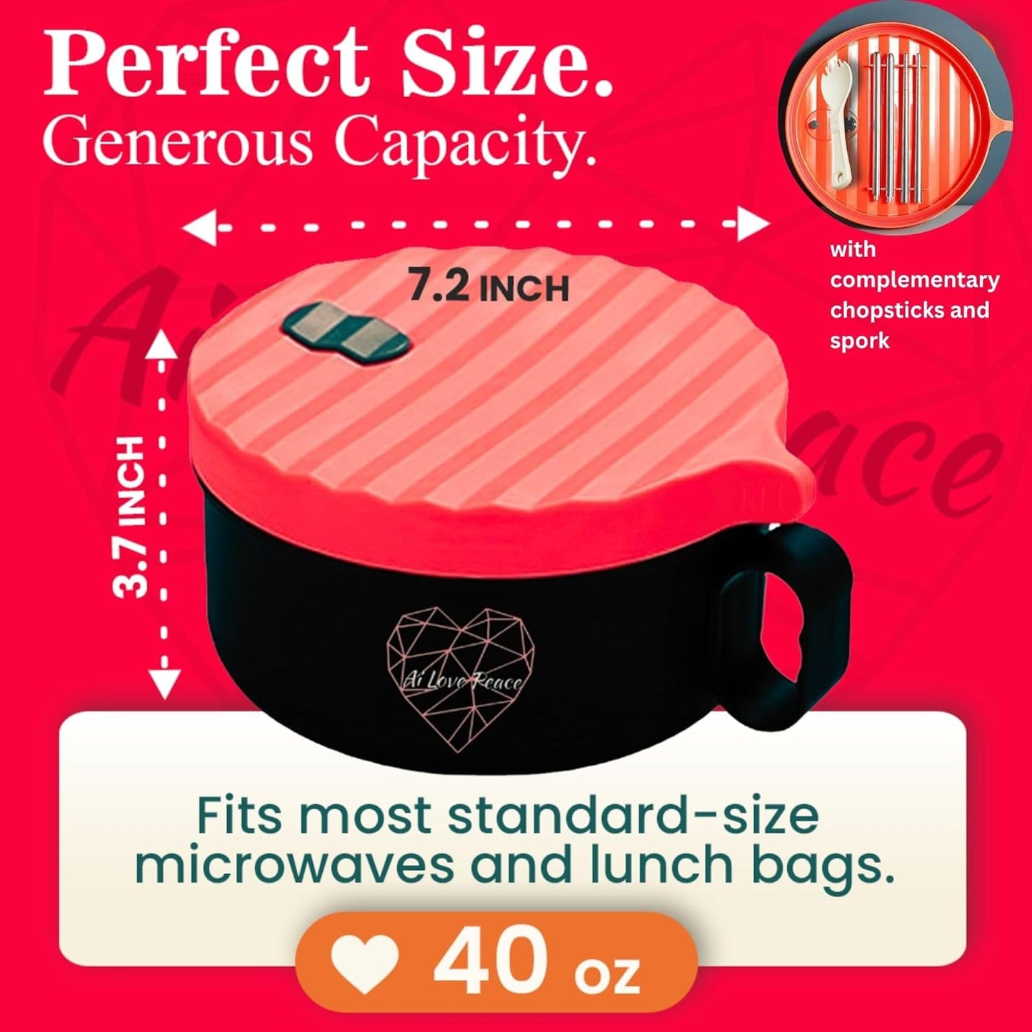 AI LOVE PEACE Microwaveable Ramen Noodle Bowl Cooker 40oz for Ramen, Rice, Pho, Soup, and Pasta, Dishwasher Safe and Portable, Ideal for Home, Office, Dorm, or Gift (Red)