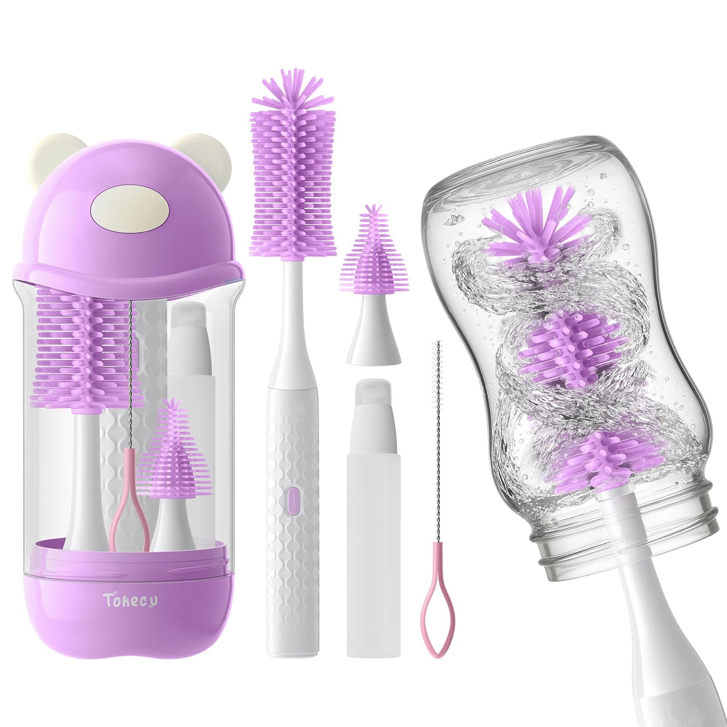 Electric Bottle Brush Cleaner Set, Bear-Shaped Travel Baby Bottle Cleaner Kit with Silicone Nipple & Straw Brush, Soap Dispenser, Drainage Rack, Storage Box(Purple)
