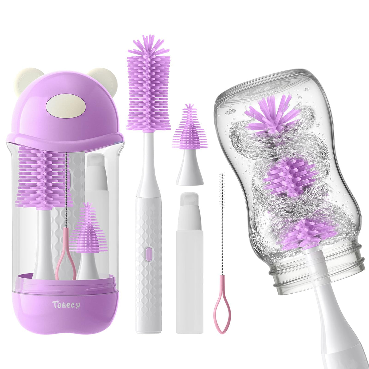 Electric Bottle Brush Cleaner Set, Bear-Shaped Travel Baby Bottle Cleaner Kit with Silicone Nipple & Straw Brush, Soap Dispenser, Drainage Rack, Storage Box(Purple)
