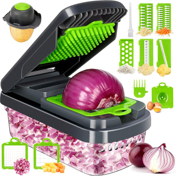 Vegetable Chopper,12-in-1 Multifunctional Food Chopper, Professional Onion Chopper with 7 Blades, Vegetable Cutter with Container for Salad, Potato