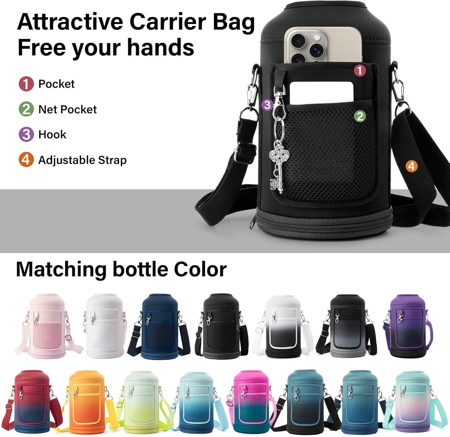 Insulated Water Bottle | Thickened Stainless Steel Vacuum Metal | Portable Sports Half Gallon Large Water Jug for Gym and Hiking with Straw, Carrier Bag, Handle Strap | BPA-Free 64 oz