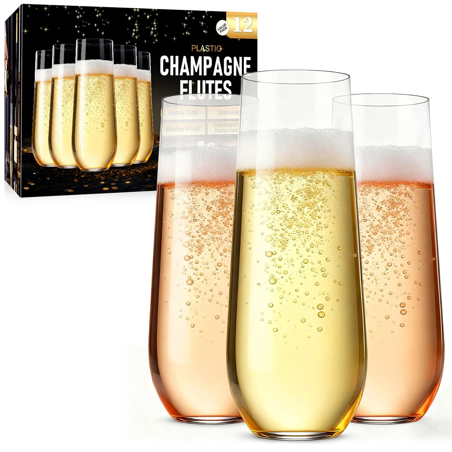 Guanqiao 12 Pack Stemless Plastic Champagne Flutes, 9 oz Clear Disposable Plastic Glasses, Heavy Duty Shatterproof Recyclable Mimosa Glasses for Party Wine Tasting Wedding New Years Eve Party Supplies