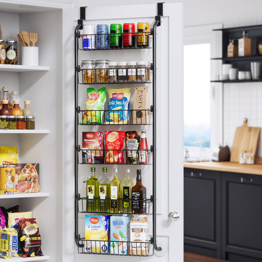 Delamu Over the Door Pantry Organizer, 6-Tier Metal Pantry Door Organization and Storage, Hanging Kitchen Basket Spice Rack Seasoning Shelves