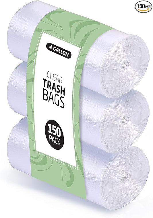 4 Gallon Trash Bags - 150 Small Mini Garbage Bags | 17" x 18" Clear Waste Basket Trash Bags | Bulk Plastic Bathroom Trash Can Liners