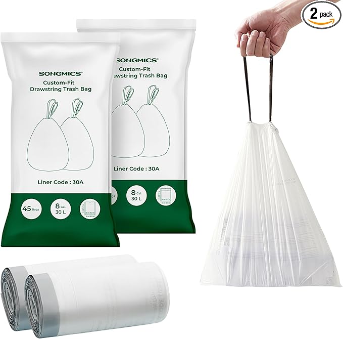 SONGMICS Trash Bags, Drawstring Kitchen Garbage Bags, Pre-Separated, Box-Free Pack, for 8-Gallon (30 L) Trash Cans, Liner Code 30A, 2 Rolls, 90 Count, White UKRB30A02
