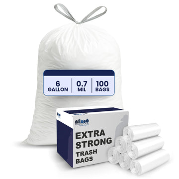 Plasticplace 6 Gallon Trash Bags White Drawstring Garbage Can Liners, 17” x 20”, 100 Count, for Bathroom Kitchen Office Car Small Trash Bags