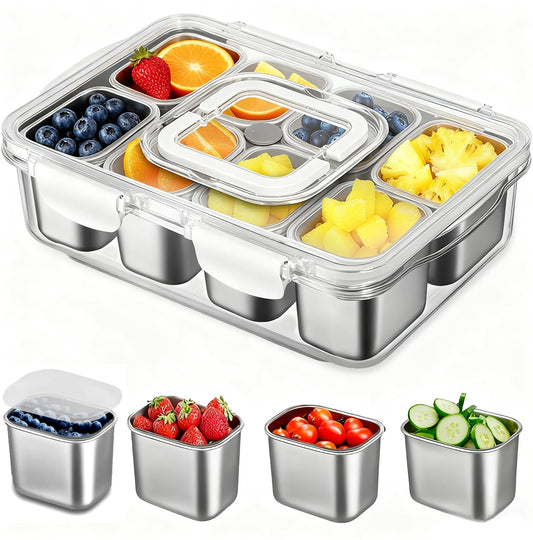 Snackle Box Container, Stainless Steel Divided Serving Tray with Lid and Handle, Large Snack Tray for Fruit Veggie Candy, 8-Compartment Snack Platter for Travel Party Beach Picnic