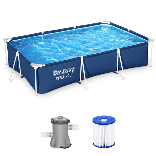 Bestway Steel Pro 9.8' x 6.6' x 26" Above Ground Pool, Rectangular Metal Frame Outdoor Swimming Pool Set with Filter Pump & Type I Cartridge, Blue