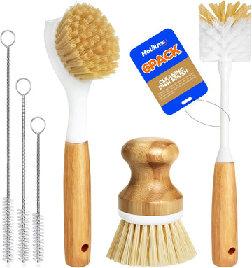Holikme 6 Pack Dish Brush Kitchen Brushes Set with Vegetable Palm Brush, Bottle Brush, Dish Brush and Straw Brush, Fruit Cleaning Brushes